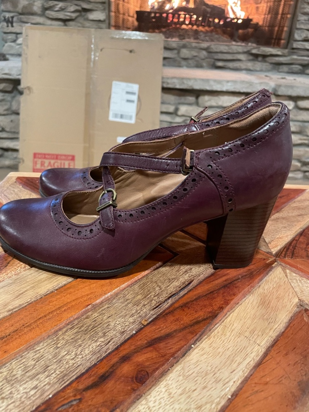 Clarks Burgundy Mary Jane Block Heels